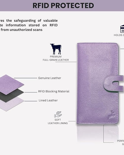 DEERHANDMADE womens wallet (Holds 15-18 Cards, 4 Flat Pockets, 1 ID Windows) Genuine Leather clutch purses for women | Slim long wallets for women | rfid blocking wallet (purple wallet)