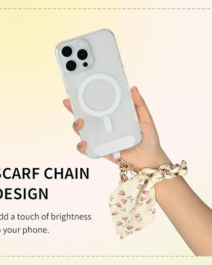 Fycyko Phone Wrist Strap with Gold Metal Scarf and Universal Tether Tab, Aesthetic Print Design Ribbon Chain, Multi-Purpose Accessories for Bag Key Cellphone for Men Women Girls-Beige Floral