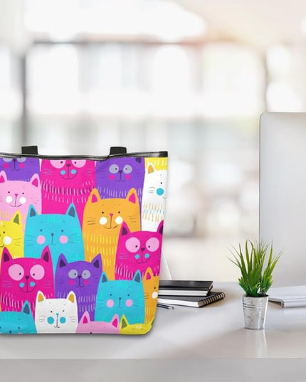 Pardick Cute Cats Colorful Seamless Canvas Tote Bag, Eco Friendly Reusable Grocery Shopping Bags Beach Bag Book Tote Handbags Washable Shoulder Bag With Zipper Inner Pocket for Women Girls