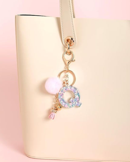 Resin Alphabet Initial Letter Keychain Keyring for Women Purse Handbags With Fur Ball Pom