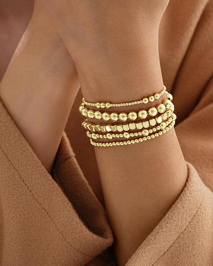 Gold Beaded Bracelets for Women, 14K Real Gold Plated Jewelry for Women Dainty Pearl Bead Bracelets Stack, Non Tarnish Trendy Stackable Ball Cross Stretch Bracelet Set Fashion Accessories Gifts