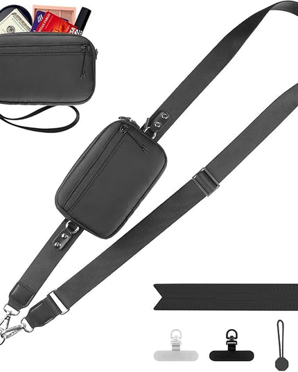 Clip and Go Strap for Phone with Wallet Crossbody, Adjustable Phone Lanyard with Detachable RFID Wristlet Wallet, Universal Phone Strap with 360° Rotatable Phone Tabs for All Phones (Black)