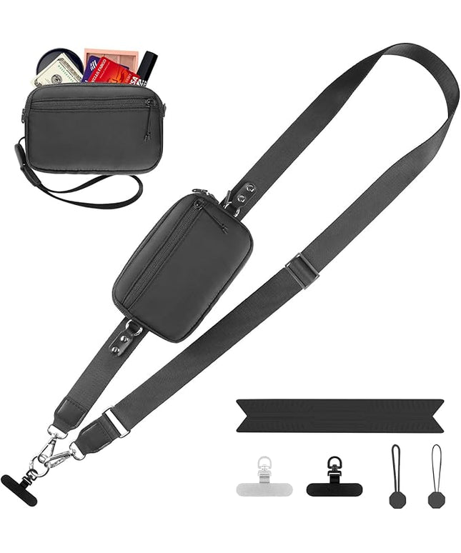 Clip and Go Strap for Phone with Wallet Crossbody, Adjustable Phone Lanyard with Detachable RFID Wristlet Wallet, Universal Phone Strap with 360° Rotatable Phone Tabs for All Phones (Black)