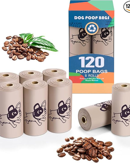 Coffee Dog Poo Bags Coffee scent - 120 Large Biodegradable Poop Bags, Extra Thicken Strong Corn Starch Blended Compostable Leak Proof Poop Waste Bag for Dogs