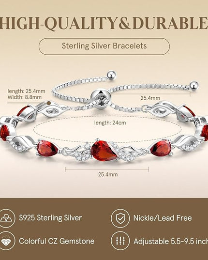 FANCIME Birthstone Teardrop Tennis Bracelet for Women, Sterling Silver 9x7mm main Gemstone Bolo Adjustable Chain Bracelet Fine Jewelry Birthday Gifts for Women Mom Wife Her