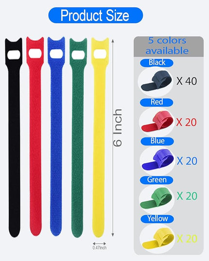 120 Pack Reusable Cable Ties 6 Inch - Adjustable Multi-Color Cord Ties & Cable Straps for Wire Management - Hook and Loop Cord Organizer for Electronics, PC & Desk - Strong Grip Zip Tie Alternative