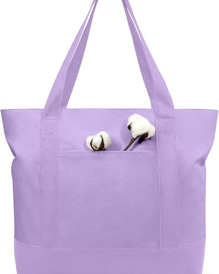 TOPDesign 3-Pack Canvas Tote Bags with an External Pocket, Reusable Grocery Shopping Bags, Top Zipper Closure, Daily Essentials (Lavender)