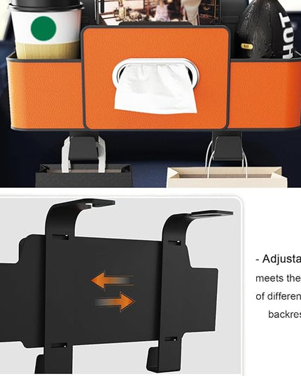 Car Back Seat Organizer with Cup Holder, Car Seat Back Tissue Box and Storage Hook, Multifunctional Car Organizer for Hold Phone,Snacks, Drinks, Handbag, Compatible with Most Vehicles (Brown)