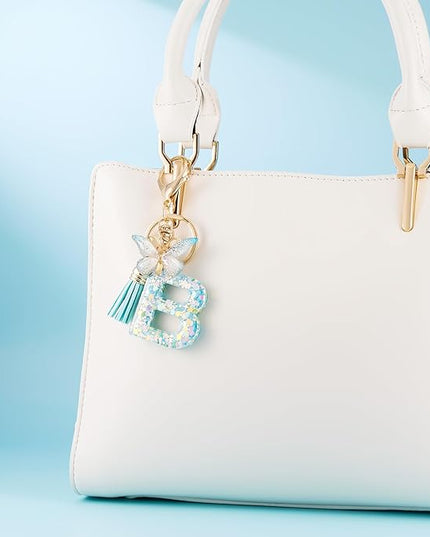Fashion Alphabet Initial Letter Keychain Tassel Butterfly Pendant Key Ring for Purse Handbags Women Girl
