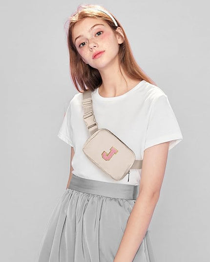 Gitus Belt Bag Fanny Pack Crossbody Bags with Initial Letter Patch Cute Stuff Birthday Gifts for Teenager Girls Trendy Preppy Stuff for Teen Girls(Beige-J)