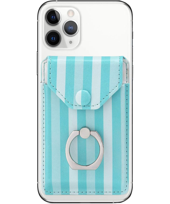 Cell Phone Card Holder RFID Ring Stand Stick on Wallet Card Holder for Back of Phone for iPhone Android and All Smartphones Green Striped