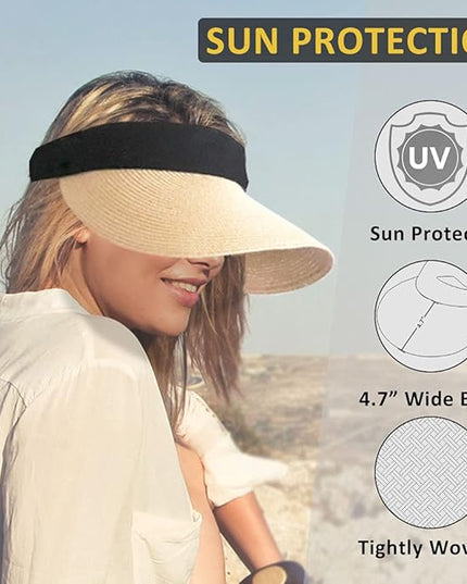Women Straw Sun Visor Hat Wide Brim Summer UV Protection Beach Cap Foldable Packale Korean Style