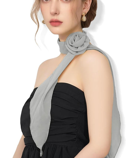 Chiffon Scarf for Women, Removable Flower Neck Scarf Light Soft Fashion Rose Scarves Versatile Headband or Hair Band