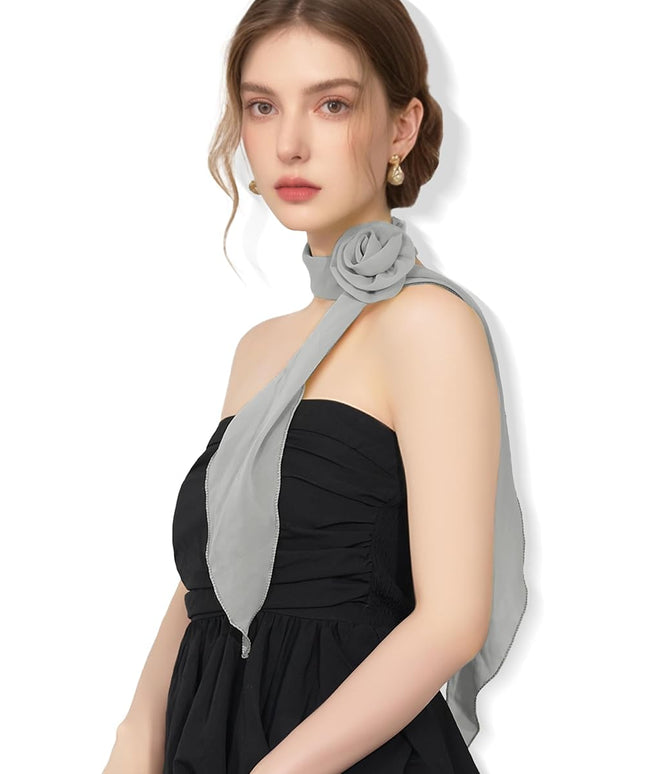 Chiffon Scarf for Women, Removable Flower Neck Scarf Light Soft Fashion Rose Scarves Versatile Headband or Hair Band