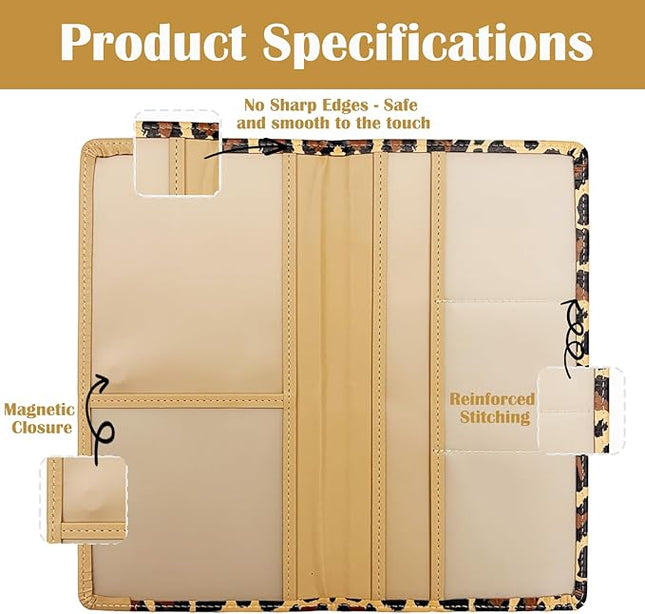 Car Registration and Insurance Holder with Magnetic Closure, Universal Document Organizer for License, Insurance Cards & Glove Box Storage (Leopard-Brown)