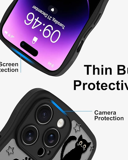 Cute Case for iPhone 14 Pro Case [Compatible with MagSafe] with Kawaii Black Cats Cat Print Pattern Design for Women Girls, Soft Wavy Edge Anti-Slip Animal Magnetic Protective Phone Cover