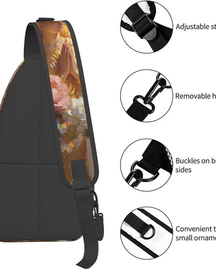 Our Lady of Guadalupe Sling Bag Crossbody Bags Clovers Chest Bag for Travel Hiking for Men Women Golden Mary 6