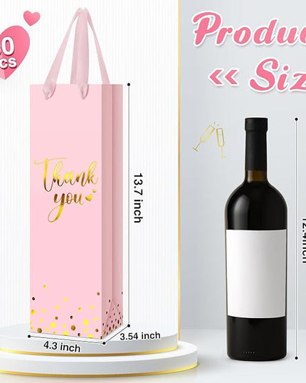 Ctosree 30 Pcs Wine Bottle Gift Bag with Handle 4.3x3.5x13.7 Liquor Paper Bag for Thank You Favor Gold Foil Kraft Whiskey Tote Carrier for Wedding Birthday Bridal Valentine's day Party(Pink)