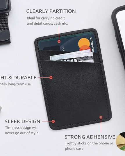 Leather Phone Wallet, Stick On Credit Card Holder for Phone Case - Compatible with iPhone, Samsung, Android & All Cell Phones - 2Pack Black