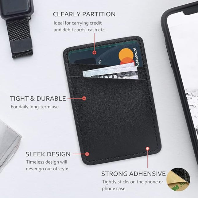 Leather Phone Wallet, Stick On Credit Card Holder for Phone Case - Compatible with iPhone, Samsung, Android & All Cell Phones - 2Pack Black