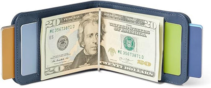 Distil Union Wally Bifold 5.0 RFID Wallet - No ID Window - Slim Bifold Wallet for Men with Money Clip, Premium Leather – Minimalist RFID Card Holder - Holds 14 Cards & 30 Bills - Navy