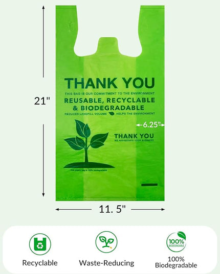 100 Count 100% Biodegradable Thank You Bags – Compostable, Recyclable, Eco-Friendly Grocery T-Shirt, 11.5" x 6.25" x 21", 16 Mic