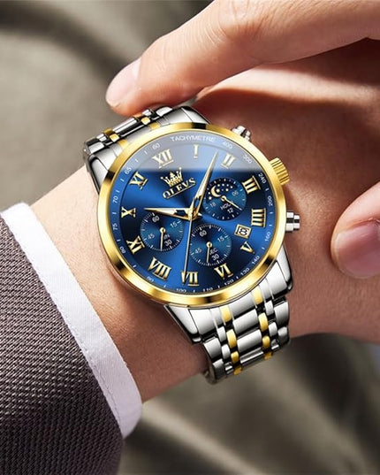 OLEVS Mens Watch Luxury Big Face Stainless Steel Analog Quartz Multifunctional Waterproof Luminous Date Two Tone Fashion Dress Wrist Watches for Man