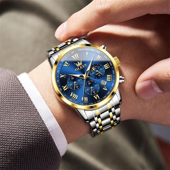 OLEVS Mens Watch Luxury Big Face Stainless Steel Analog Quartz Multifunctional Waterproof Luminous Date Two Tone Fashion Dress Wrist Watches for Man