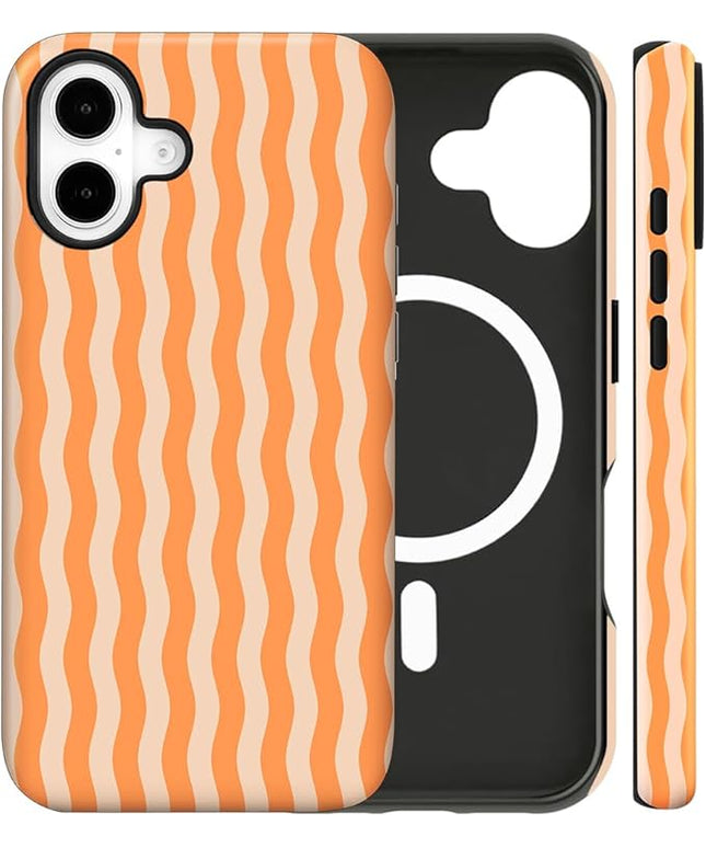 Magnetic for iPhone 16 Case Cute Wavy Stripes Phone Case, Shockproof Slim TPU and Hard PC Protective Phone Cover Compatible with MagSafe Designed for Women Girls, Orange