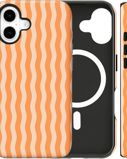 Magnetic for iPhone 16 Plus Case Cute Wavy Stripes Phone Case, Shockproof Slim TPU and Hard PC Protective Phone Cover Compatible with MagSafe Designed for Women Girls, Orange