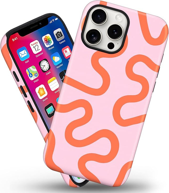 Magnetic for iPhone 16 Pro Case Cute Curved Stripes Phone Case, Shockproof Slim TPU and Hard PC Protective Phone Cover Compatible with MagSafe Designed for Women Girls,Pink