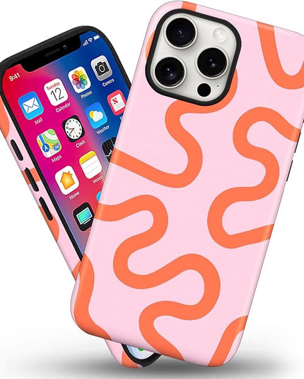 Magnetic for iPhone 15 Pro Case Cute Curved Stripes Phone Case, Shockproof Slim TPU and Hard PC Protective Phone Cover Compatible with MagSafe Designed for Women Girls,Pink