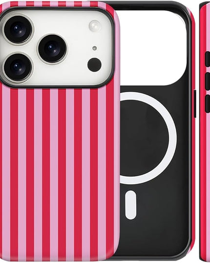Magnetic for iPhone 17 Pro Max Case Cute Stripes Phone Case, Shockproof Slim TPU and Hard PC Protective Phone Cover Compatible with MagSafe Designed for Women Girls, Pink and White