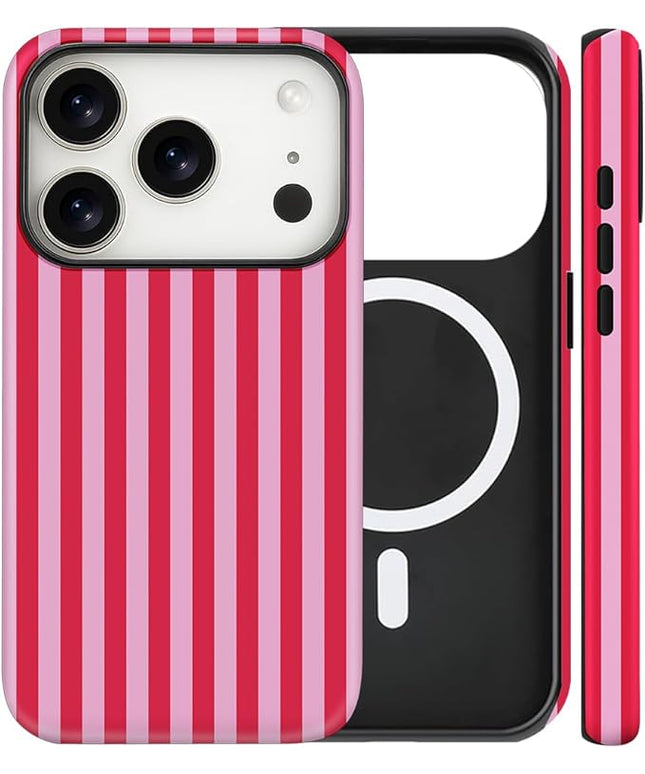 Magnetic for iPhone 17 Pro Max Case Cute Stripes Phone Case, Shockproof Slim TPU and Hard PC Protective Phone Cover Compatible with MagSafe Designed for Women Girls, Pink and White