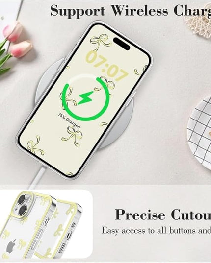Designed for iPhone Case,Clear Cute Ribbon Bowknot Pattern Aesthetic Transparent Phone Case Raised Camera Protection Stylish Slim Soft Phone Case (Yellow,iPhone 14 Pro Max)