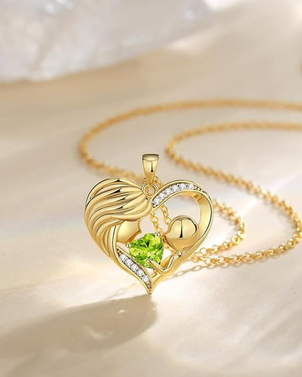 FANCIME Mom Birthstone Necklace Mother and Child Love Heart Necklace I Love You Mom Gifts Mothers Day Birthstone Jewelry Gifts for Grandmother Women Wife, 16"+2" Inches