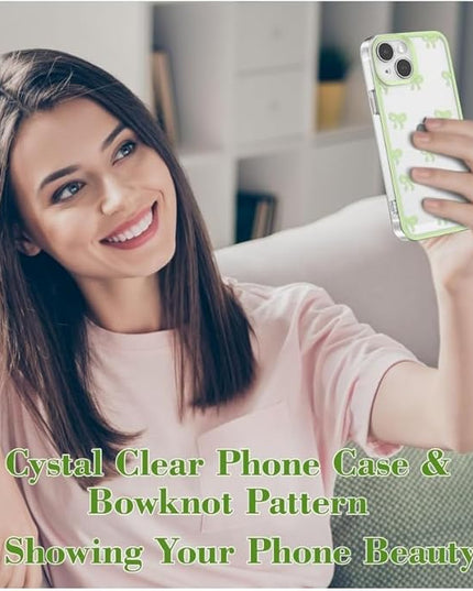 Designed for iPhone Case,Clear Cute Ribbon Bowknot Pattern Aesthetic Transparent Phone Case Raised Camera Protection Stylish Slim Soft Phone Case (Green,iPhone 12 Pro)