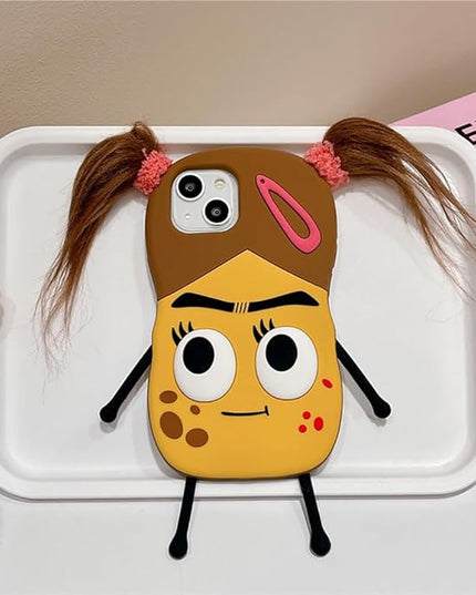 Case Compatible with iPhone 13,Cute 3D Kawaii Funny Braided Ugly Girl Cartoon Cover with Keychain Soft Silicone Gel Drop Protector Women Girls