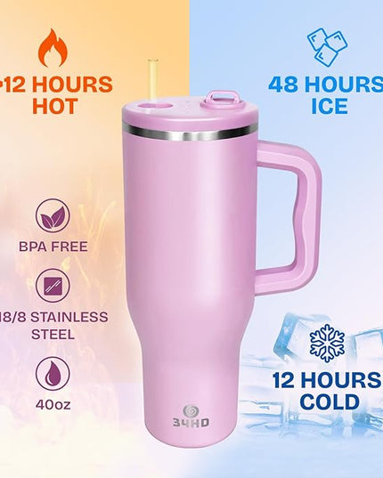 34HD 40 oz Stainless Steel Tumbler - Leakproof Insulated Water Bottle with Handle, Magnetic Lid and Flexible Straw - Iced for 48 Hours – Perfect for Men, Women, Birthday Gift, Pink - Blush Petal