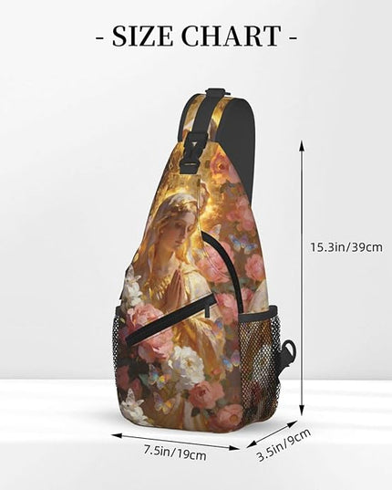 Our Lady of Guadalupe Sling Bag Crossbody Bags Clovers Chest Bag for Travel Hiking for Men Women Golden Mary 6
