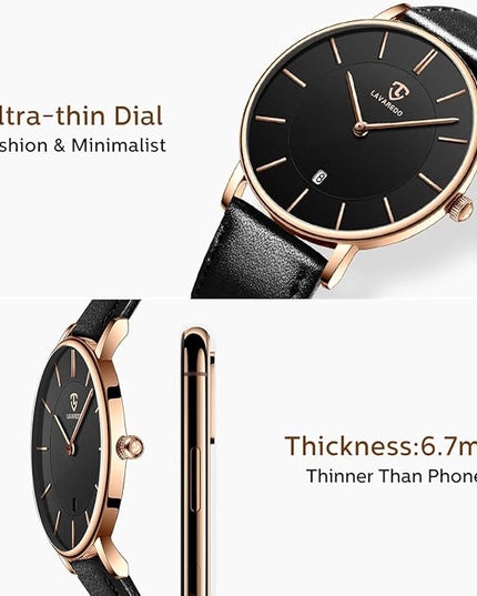 L LAVAREDO Watch for Men, Extremely Thin Mens Watches Minimalist Analog Men's Leather Wrist Watches with Time/Date, Birthday Gift for Men Boyfriend