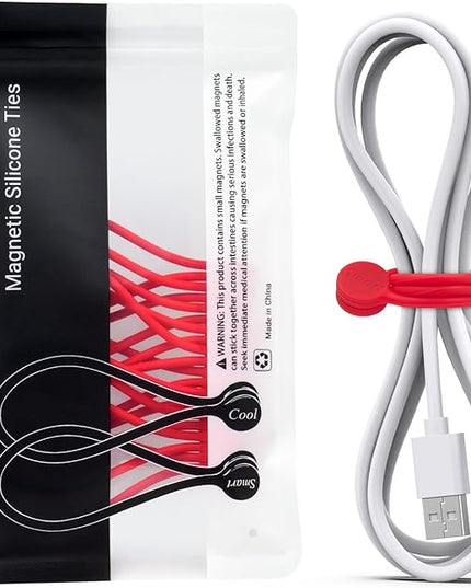 SMART&COOL Reusable Silicone Magnetic Cable Ties for Bundling and Organizing, Holding Stuff, Book Markers, Fridge Magnets, Assorted Color, 7.16'' (10-Pack, Red)