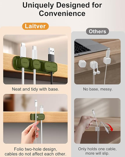 6 Pack Magnetic Cable Clips [1s Open/Lock], Laitver Cord Organizer Holder Strong Adhesive Desk Cable Management- Organize Charging Cords Neatly for Home, Office, Car,Desk, Nightstand-Deep Green