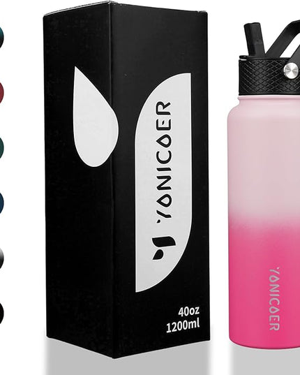 Insulated Water Bottle 40oz,Triple Wall Vacuum Stainless Steel(Dishwasher Safe),Leak Proof & Non-BPA,Flask Jug with Paracord Handle & Straw Spout Lids Sports Cherry Blossom