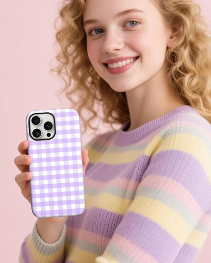 Magnetic for iPhone 13 Pro Max Case Cute Checkered Stripes Phone Case for Women Girls, Shockproof Slim TPU and Hard PC Protective Phone Cover Compatible with MagSafe Designed, Purple