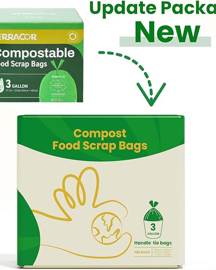 Compost Bags, Handle Tie Food Scrap Bags 3 Gallon,100 Count,Certified by BPI and ASTM D6400, Kitchen Compost Bin Compatible