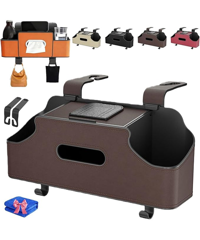 4-in-1 Car Organizers and Storage Box Multifunctional, Behind the Seat Organizer for Car, Cars Backseat Organizers with Tissue Holder and Cup Holder, Consolas Centrales De Auto (Brown)