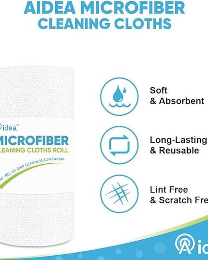 AIDEA Microfiber Cleaning Cloth Roll, White 50PK, Tear Away Reusable Paper Towels, Commercial Shop Rags, Microfiber Towels for Cars, Lint Free Rags for House, Kitchen, Automotive, 11.5"×11.5"