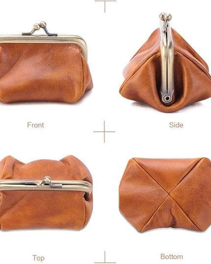 Plinvo Mini Genuine Leather Coin Purse for Women Vintage Kiss Lock Change Organizer Blue (Brown)