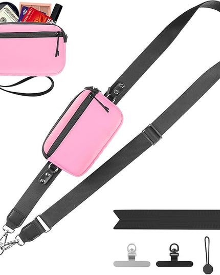 Clip and Go Strap for Phone with Wallet Crossbody, Adjustable Phone Lanyard with Detachable RFID Wristlet Wallet & Ultra-Thin 360° Rotatable Metal Tabs for All Smartphones (Pink)